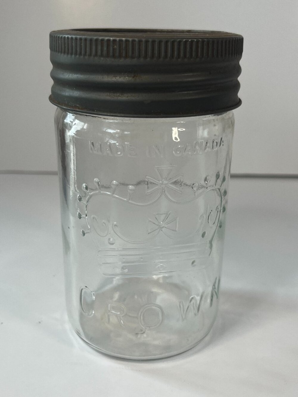 1950 Crown Mason Jar 16 oz Collectible Canadian Clear Glass Metal Lid Canning